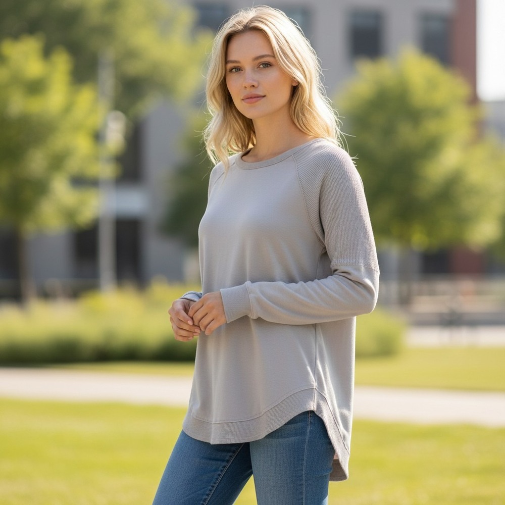 Kyodan Long Sleeve Top Womens L Gray Waffle Knit Raglan Pullover